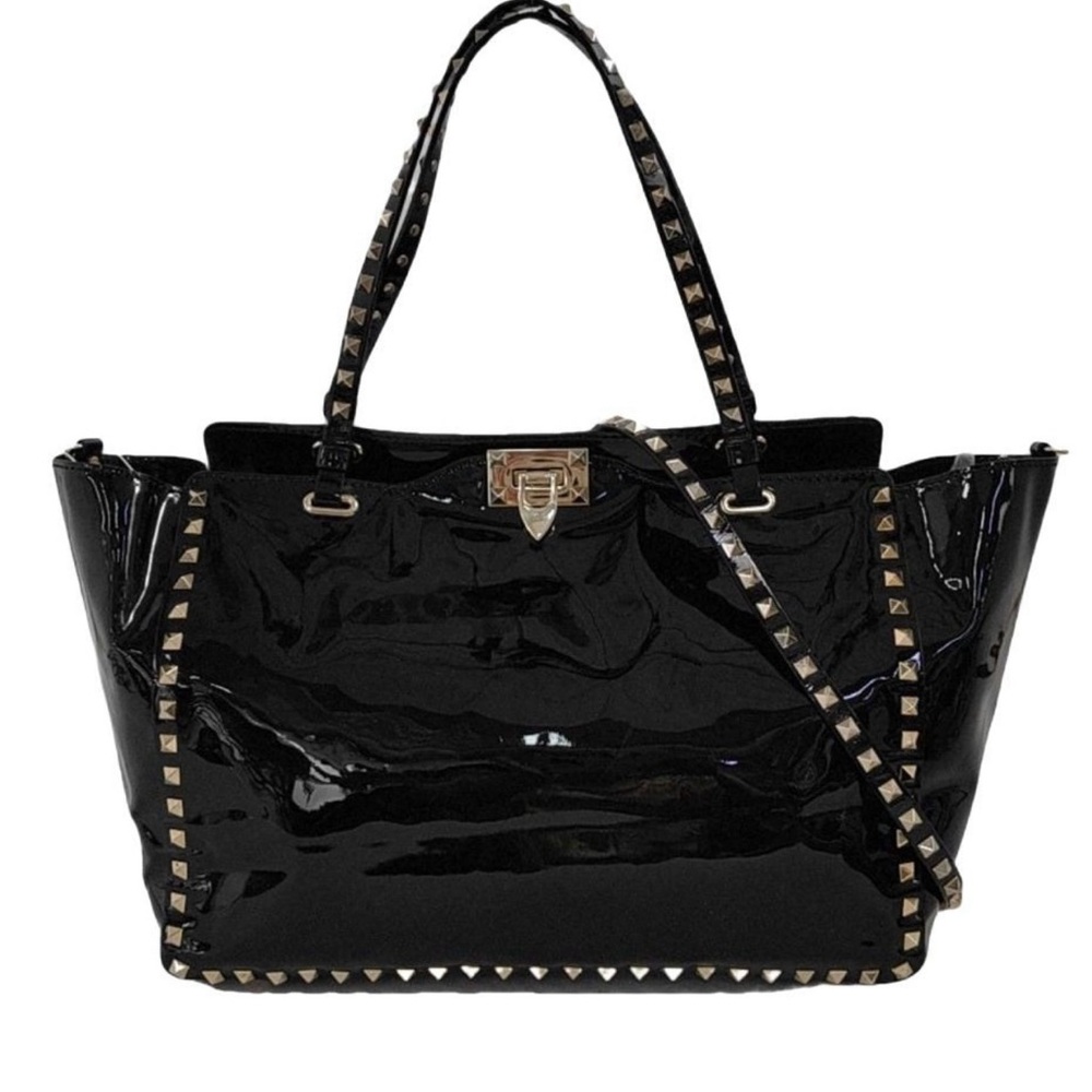 Valentino Garavani Black Patent Leather Studded Tote